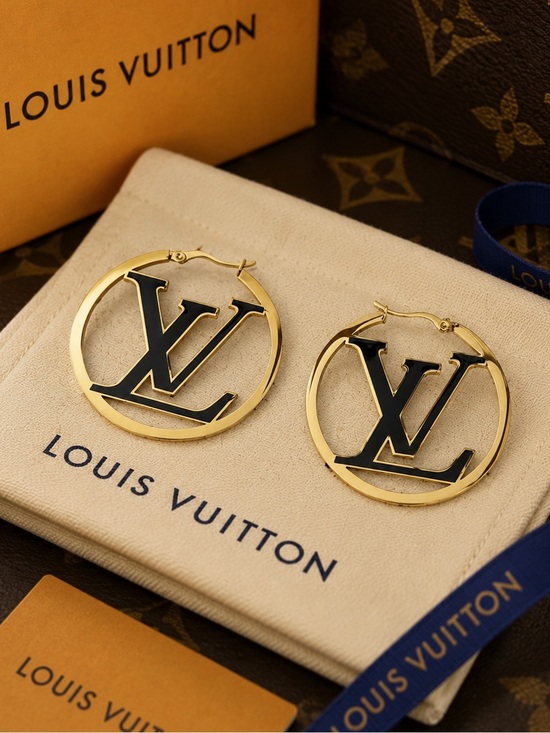 Fashion Jewelry Jewelry - Gold and Black LV Hoop Earrings